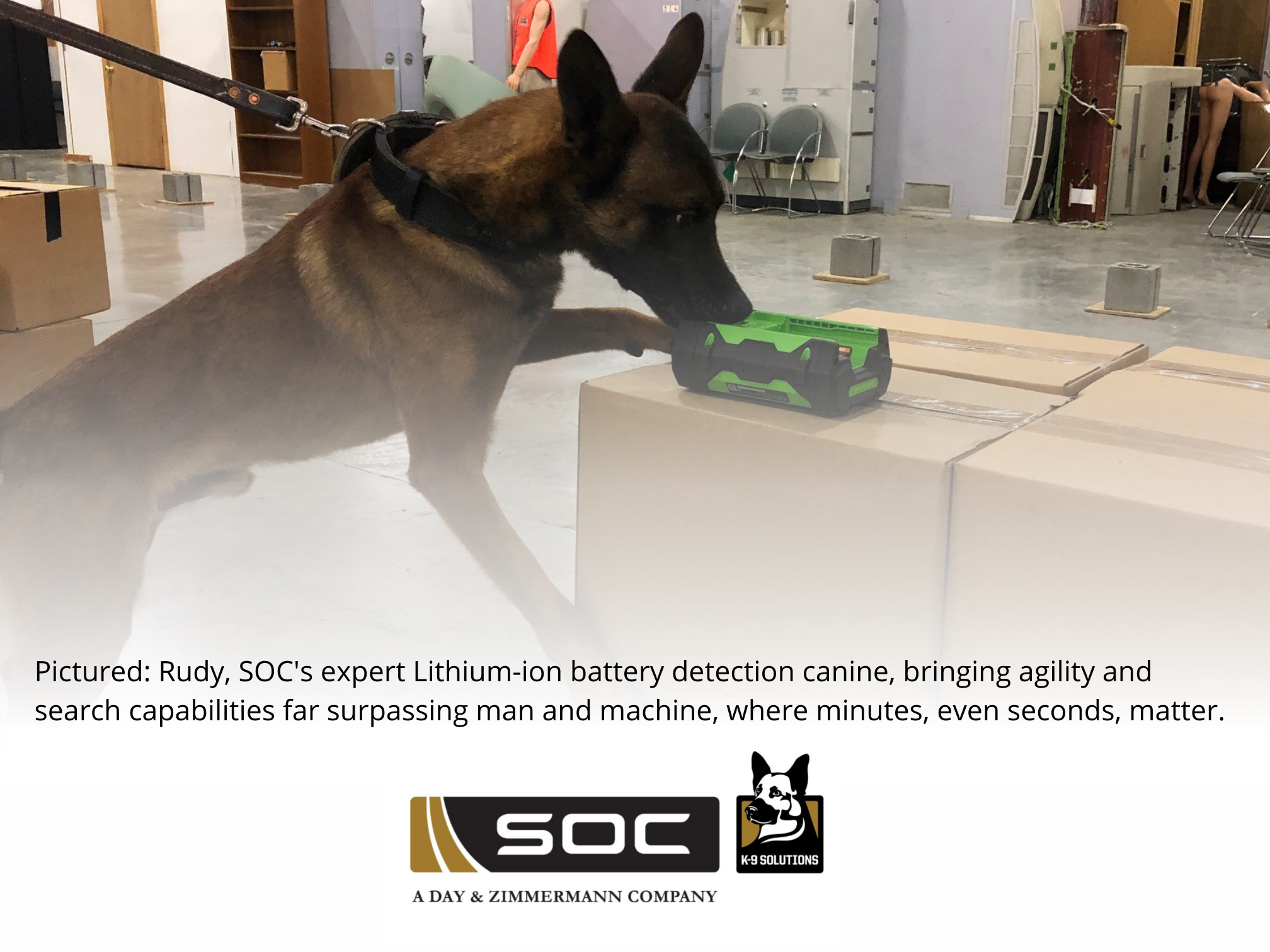 Pictured Rudy, SOCs expert Lithium-ion battery detection canine, bringing agility and search capabilities far surpassing man and machine, where minutes, even seconds, matter.