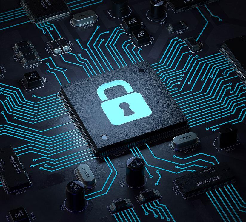 Motherboard with padlock graphic on CPU